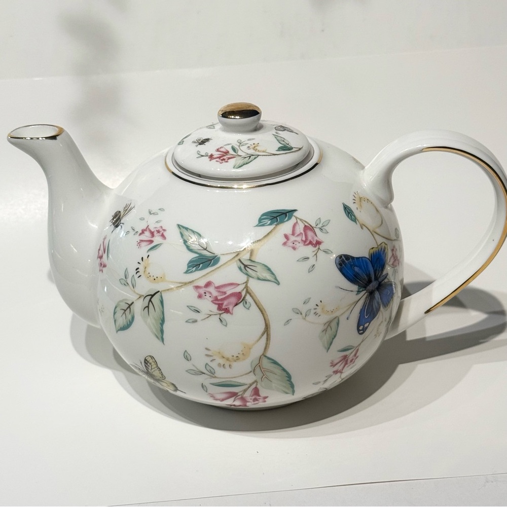 Grace Teaware Floral Porcelain Teapot with Butterfly Design